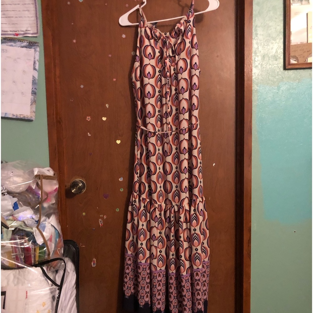 NWOT Madison Tara Maxi Spaghetti Strap Multicolored Dress Ties @ Neck W/Belt